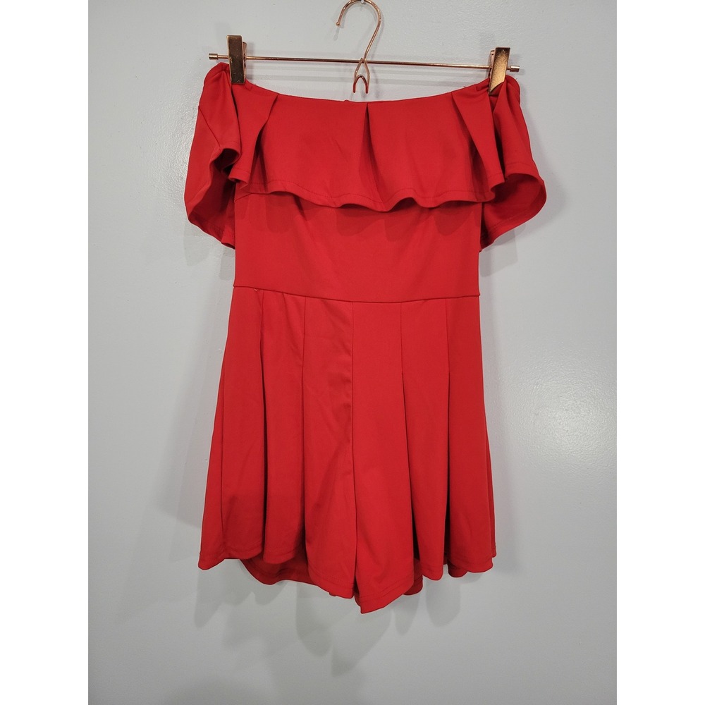 ChicMe Womens Red Off the Shoulder Ruffle‎ Pleated Skort Romper Size M
